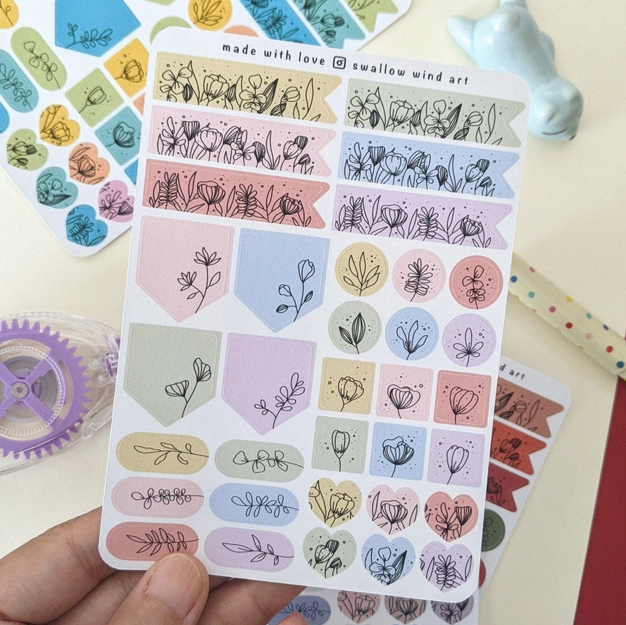 Sticker Sheet - Flag Dot Square Heart Floral - Spring