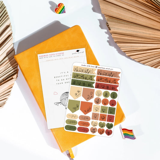 Sticker Sheet - Flag Dot Square Heart Floral - Autumn